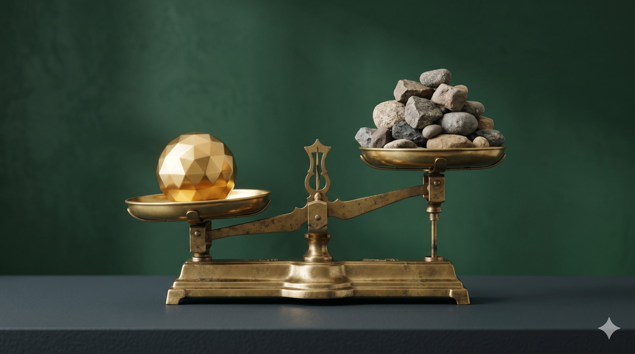 Antique brass scale weighing quality versus quantity in health