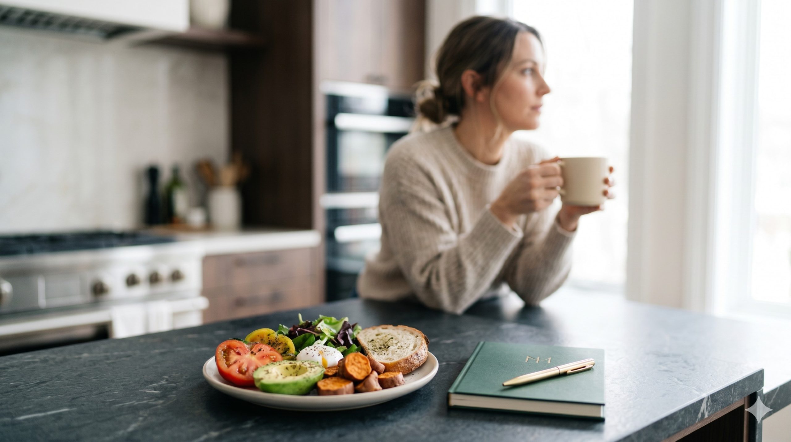 Woman practicing mindful eating with a nutritious meal